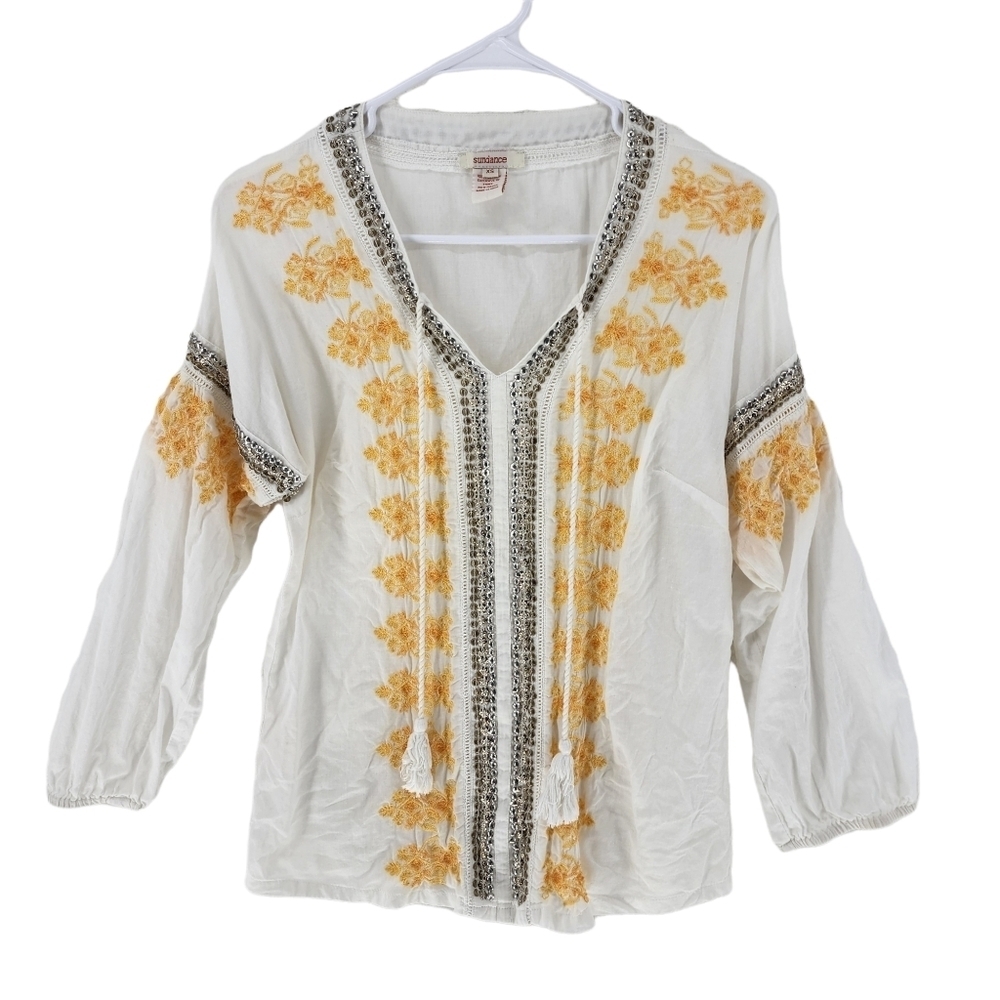 Sundance Women's Embroidered V-Neck Tassel Tie Top - XS